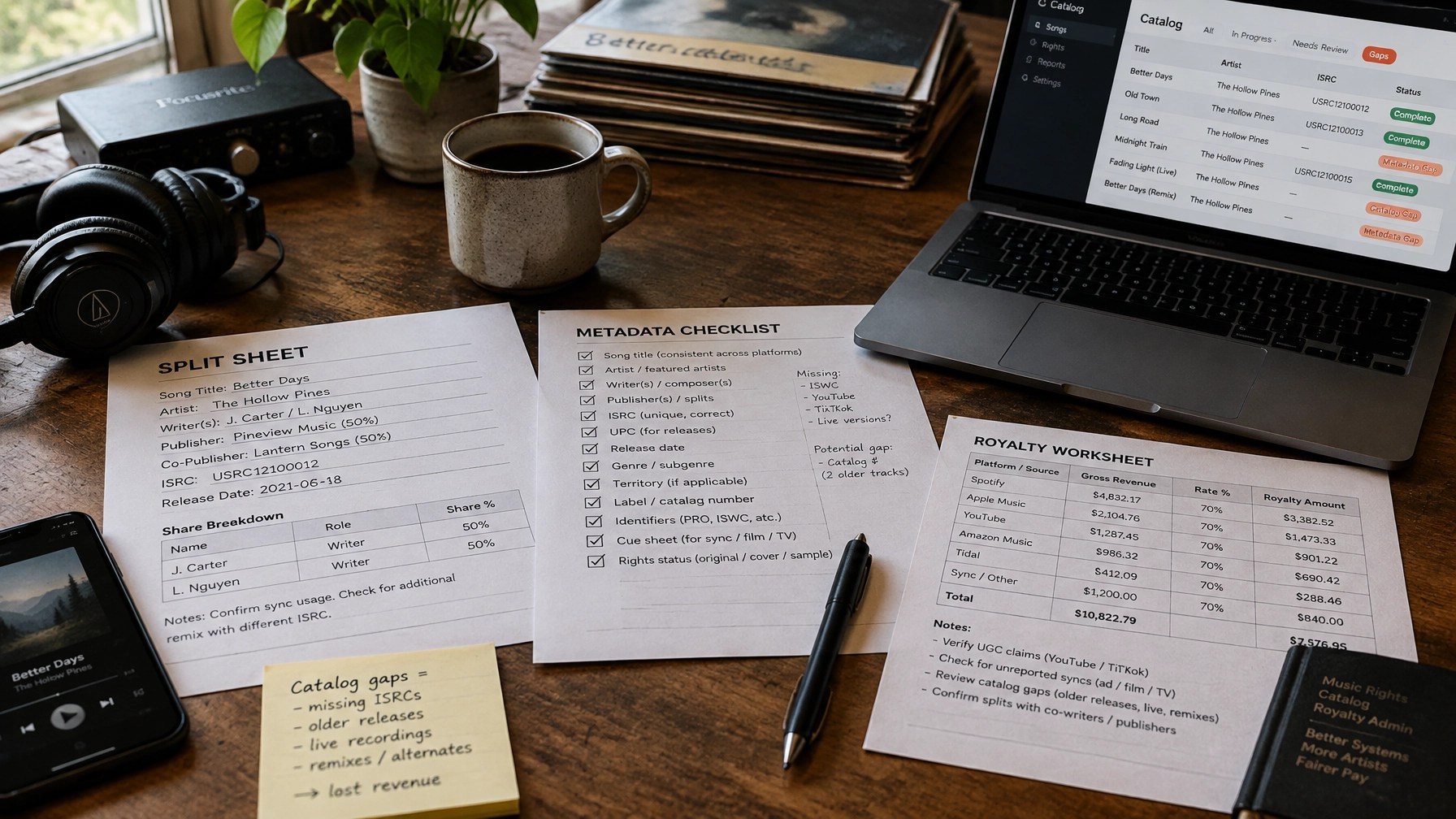 Editorial desk with split sheet, metadata checklist, royalty worksheet, and studio tools used for catalog review